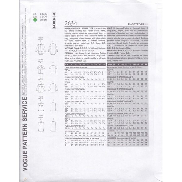 Vogue Sewing Patterns 2634 Misses & Petite Loose-Fitting Button Front Tops 18-22 - Picture 2 of 2